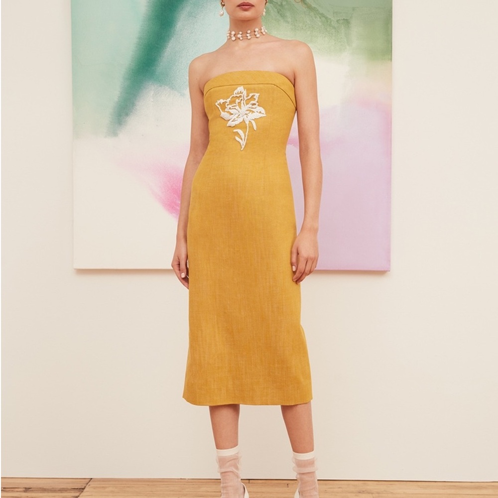 Aria Strapless Mustard Dress with White Beaded Floral Detail